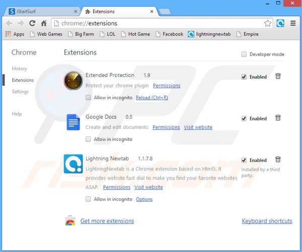 Removendo istartsurf.com das extensões do Google Chrome
