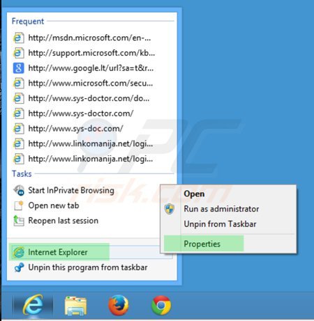 Removendo istartsurf.com do atalho do Internet Explorer passo 1