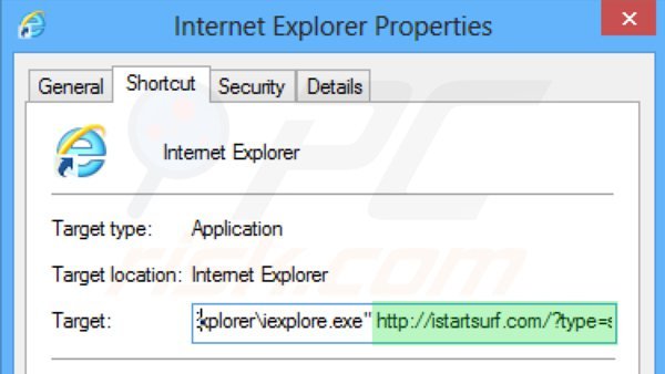Removendo istartsurf.com do atalho do Internet Explorer passo 2