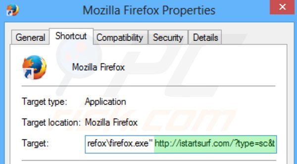 Removendo istartsurf.com do atalho do Mozilla Firefox passo 2
