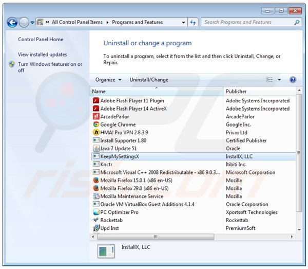 Desinstalar o sequestrador de navegador keepmysettingsx via Painel de Controlo