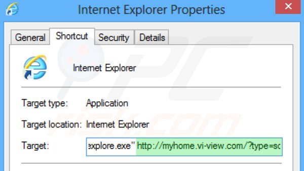 Removendo myhome.vi-view.com do atalho do Internet Explorer passo 2
