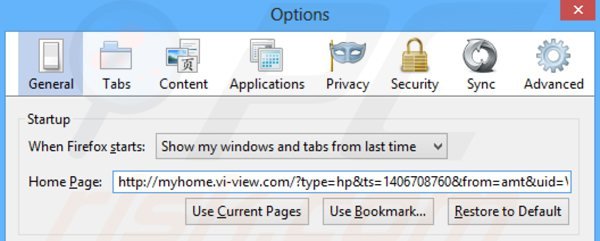 Removendo myhome.vi-view.com da página inicial do Mozilla Firefox