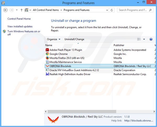 desinstalar o adware obrona blockads via Painel de Controlo