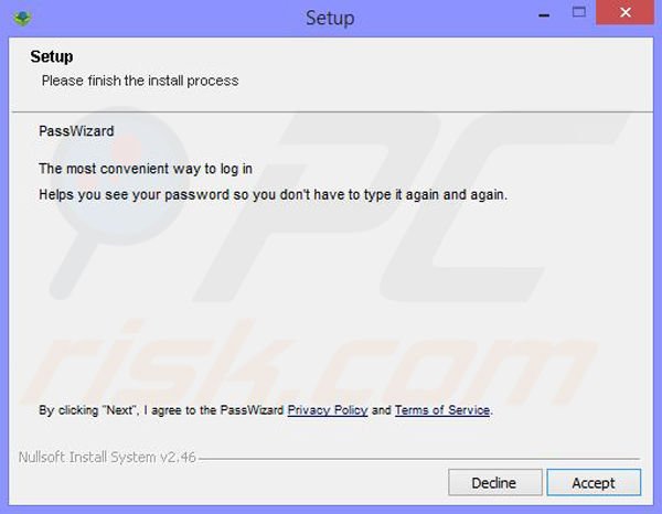 O instalador de software gratuito malicioso usado na distribuição de adware PassWizard