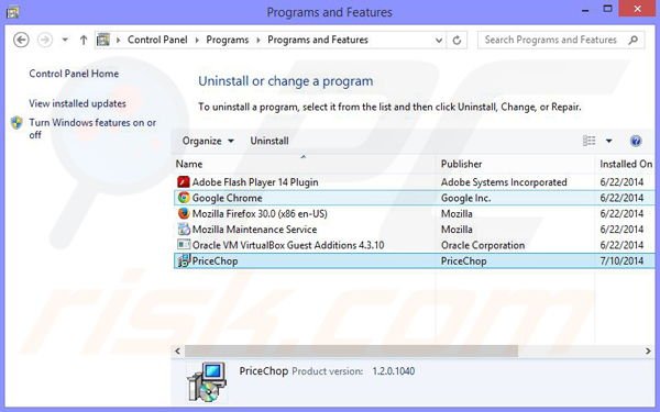 Desinstalar o adware PriceChop via Painel de Controlo