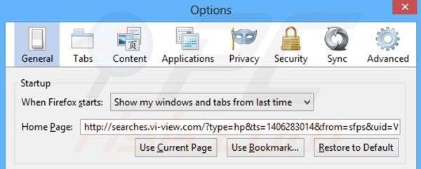 Removendo searches.vi-view.com da página inicial do Mozilla Firefox