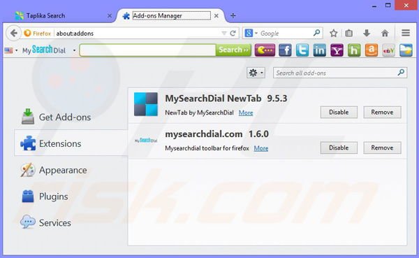 Remova o sequestrador de navegador Taplika do Mozilla Firefox passo 1