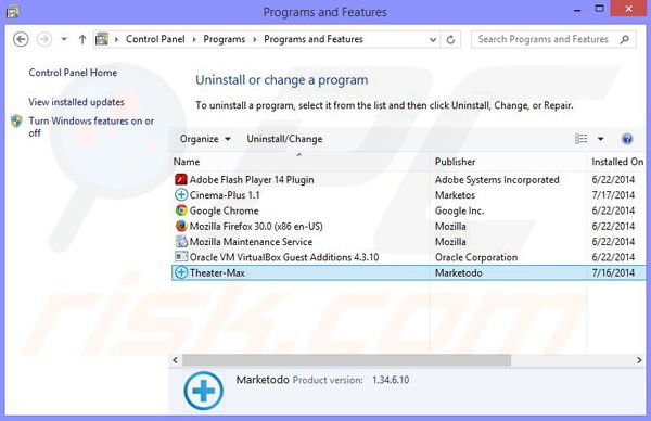 Desinstalar o adware Theater-Max via Painel de Controlo