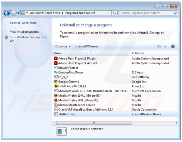 Desinstalar o adware TheBestDeals via Painel de Controlo