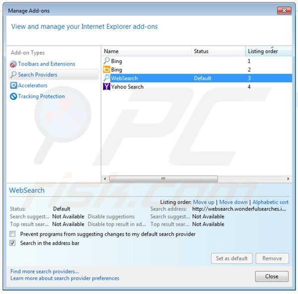 Removendo websearch.wonderfulsearches.info do motor de busca padrão do Internet Explorer