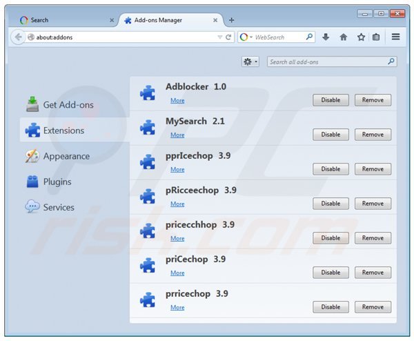 Removendo as extensões de websearch.wonderfulsearches.info relacionadas do Mozilla Firefox