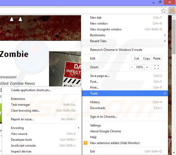 Removendo os anúncios Zombie News do Google Chrome passo 1