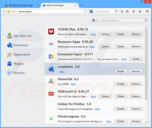 Remova os anúncios cosstminn do Mozilla Firefox passo 2