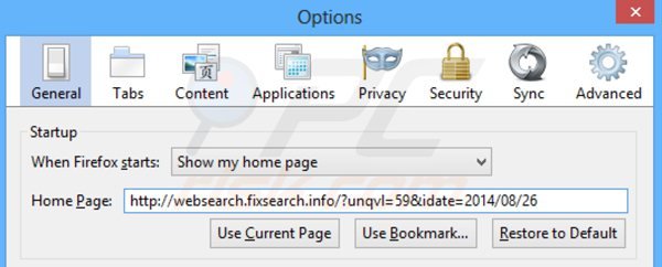 Removendo websearch.fixsearch.info da página inicial do Mozilla Firefox