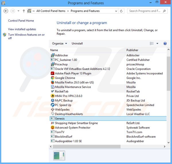 desinstalar o adware genesis via Painel de Controlo
