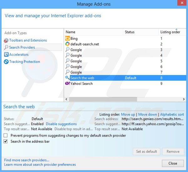 Removendo search.genieo.com do motor de busca padrão do Internet Explorer