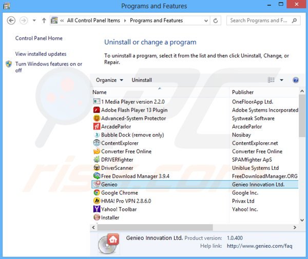 Desinstalar o sequestrador de navegador search.genieo.com via Painel de Controlo