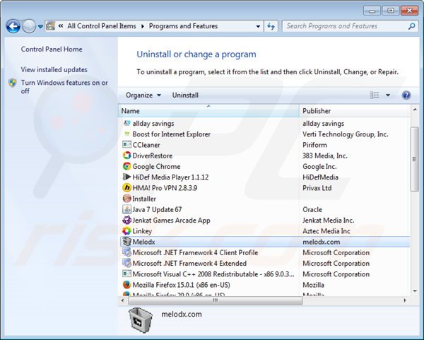 desinstalar o adware Melodx via Painel de Controlo
