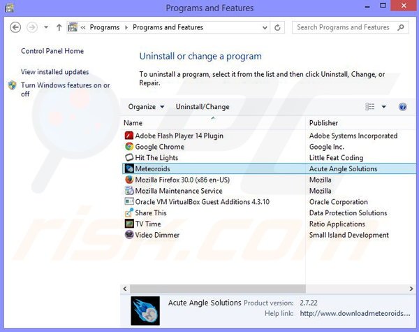 desinstalar o adware Meteoroids via Painel de Controlo