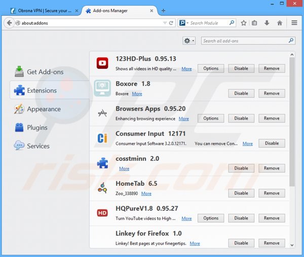 Remova obrona vpn do Mozilla Firefox passo 2
