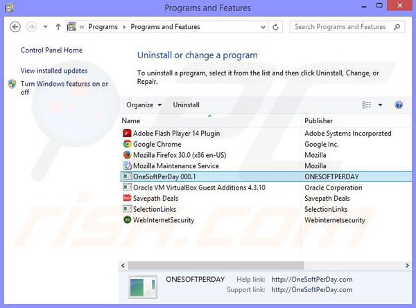 desinstalar o adware OneSoftPerDay via Painel de Controlo