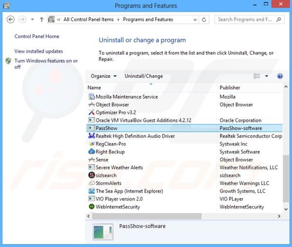 desinstalar o adware PassShow via Painel de Controlo