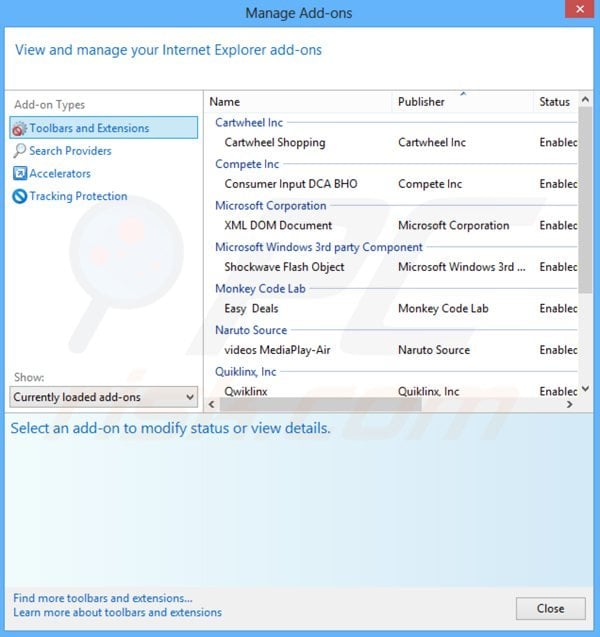 Remoção dos anúncios picrec do Internet Explorer passo 2