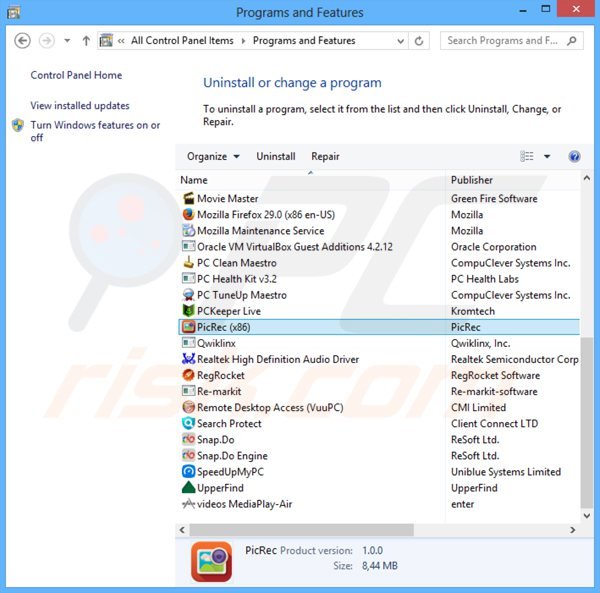 picrec adware uninstall via Control Panel