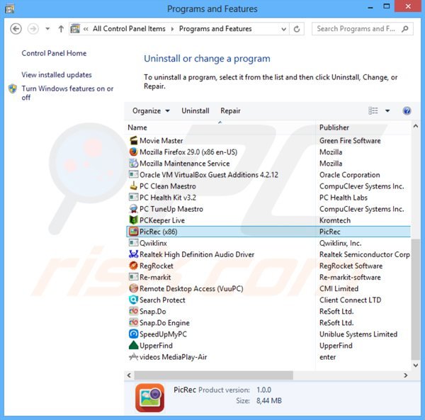 picrec adware uninstall via Control Panel