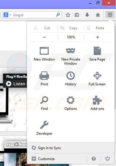 Remova os anúncios Play now Radio do Mozilla Firefox passo 1