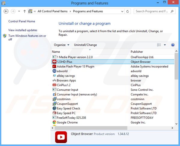 desinstalar o adware 123HD-Plus via Painel de Controlo