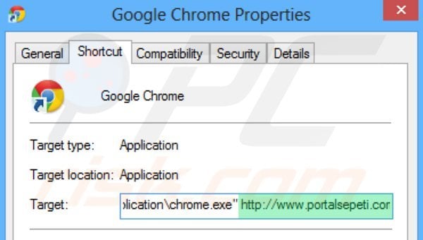 Removendo portalsepeti.com do atalho do Google Chrome passo 2