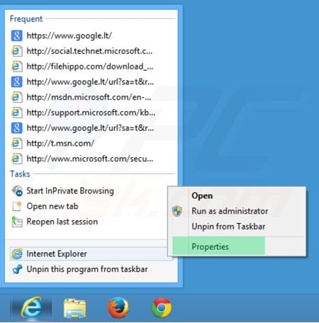Removendo portalsepeti.com do atalho do Internet Explorer passo 1