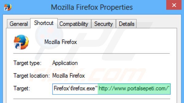 Removendo portalsepeti.com do atalho do Mozilla Firefox passo 2