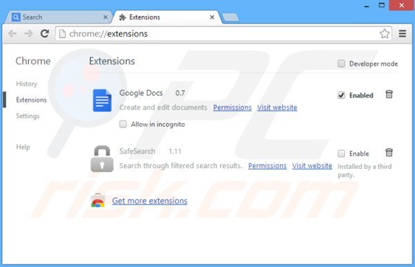 Remoção safesear.ch das extensões relacionadas do Google Chrome