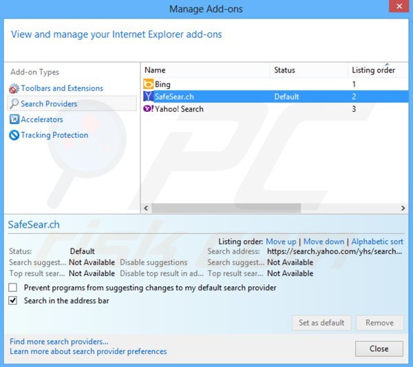 Removendo safesear.ch do motor de busca padrão do Internet Explorer