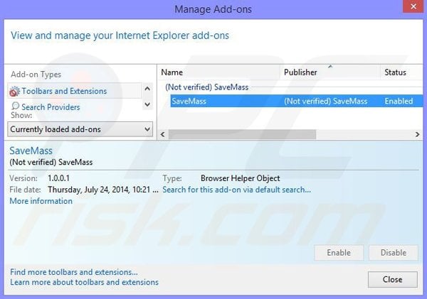 Remoção dos anúncios SaveMass do Internet Explorer passo 2