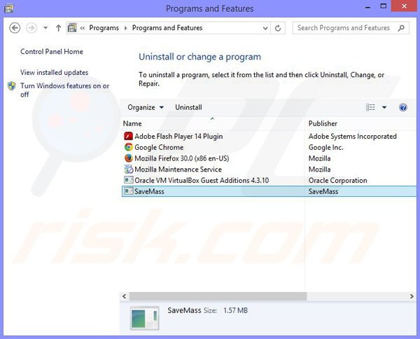 desinstalar o adware SaveMass via Painel de Controlo