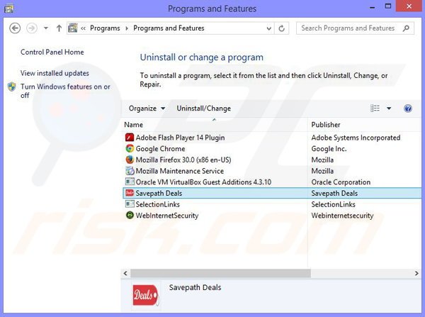 desinstalar o adware Savepath Deals via Painel de Controlo