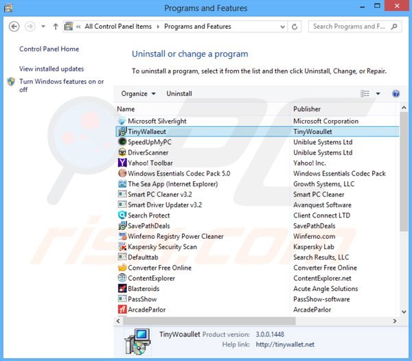 desinstalar o adware tinywallet via Painel de Controlo