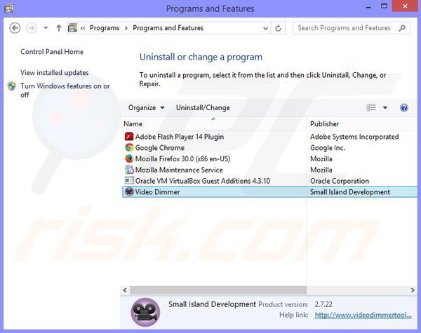 desinstalar o adware Video Dimmer através do Painel de Controlo
