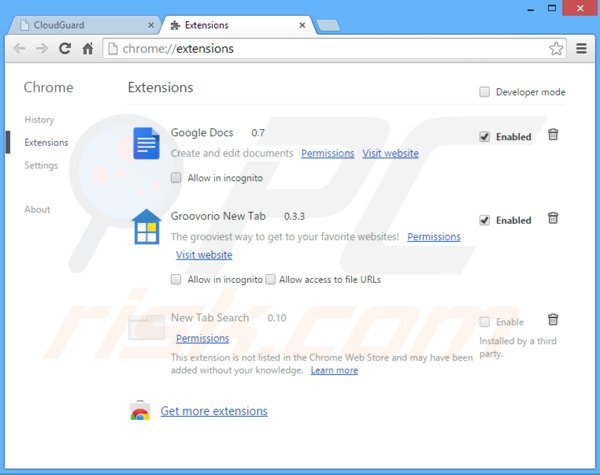 Removendo o adware relacionado a CloudGuard do Google Chrome passo 2