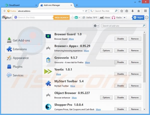 Removendo o adware relacionado a CloudGuard do Mozilla Firefox passo 2