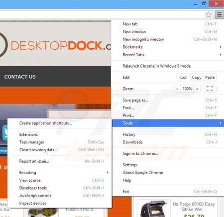 Removendo os anúncios DesktopDock de Google crome passo 1