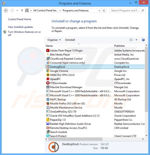 desinstalar o adware Desktop Dock via Painel de Controlo