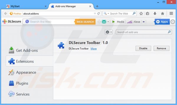 Remova a Barra de Ferramentas DLSecure das extensões do Mozilla Firefox