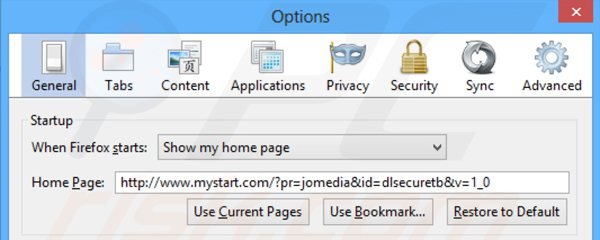 Removendo o redireccionamento dlsecure da página inicial do Mozilla Firefox