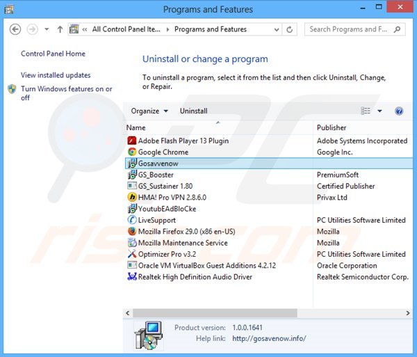 desinstalar o adware GoSavenow via Painel de Controlo