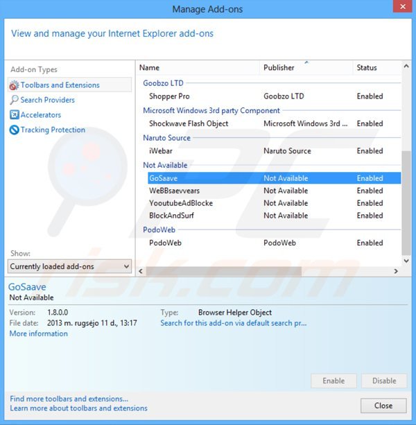 Remoção dos anúncios GoSave do Internet Explorer passo 2